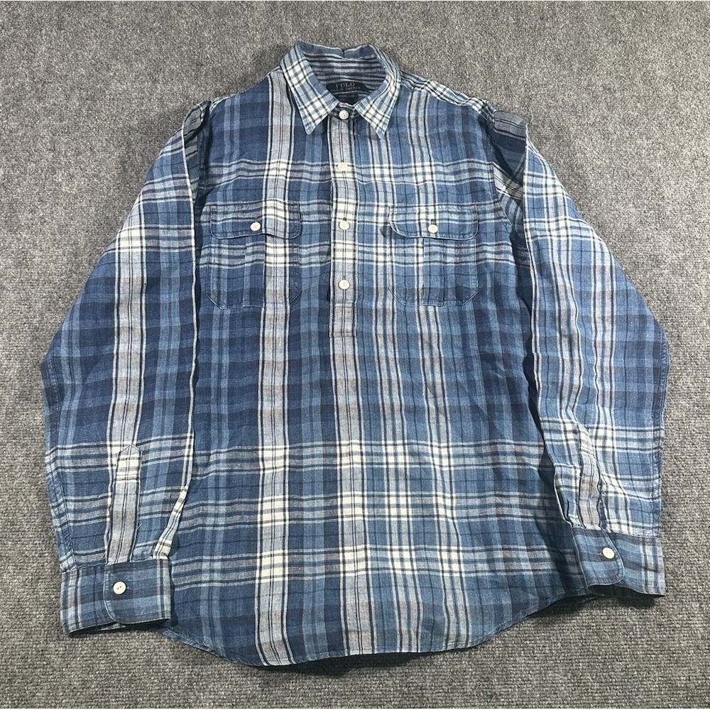 Polo Ralph Lauren Mens L Blue Plaid Indigo 100% Linen 1/2 Button Shirt